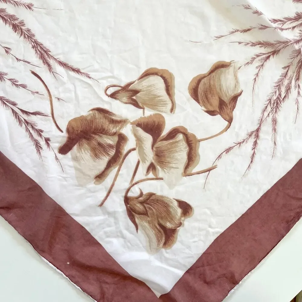 Vintage 70s Silk Scarf‎ Square Neutral Brown Floral Border Print Quiet Luxury